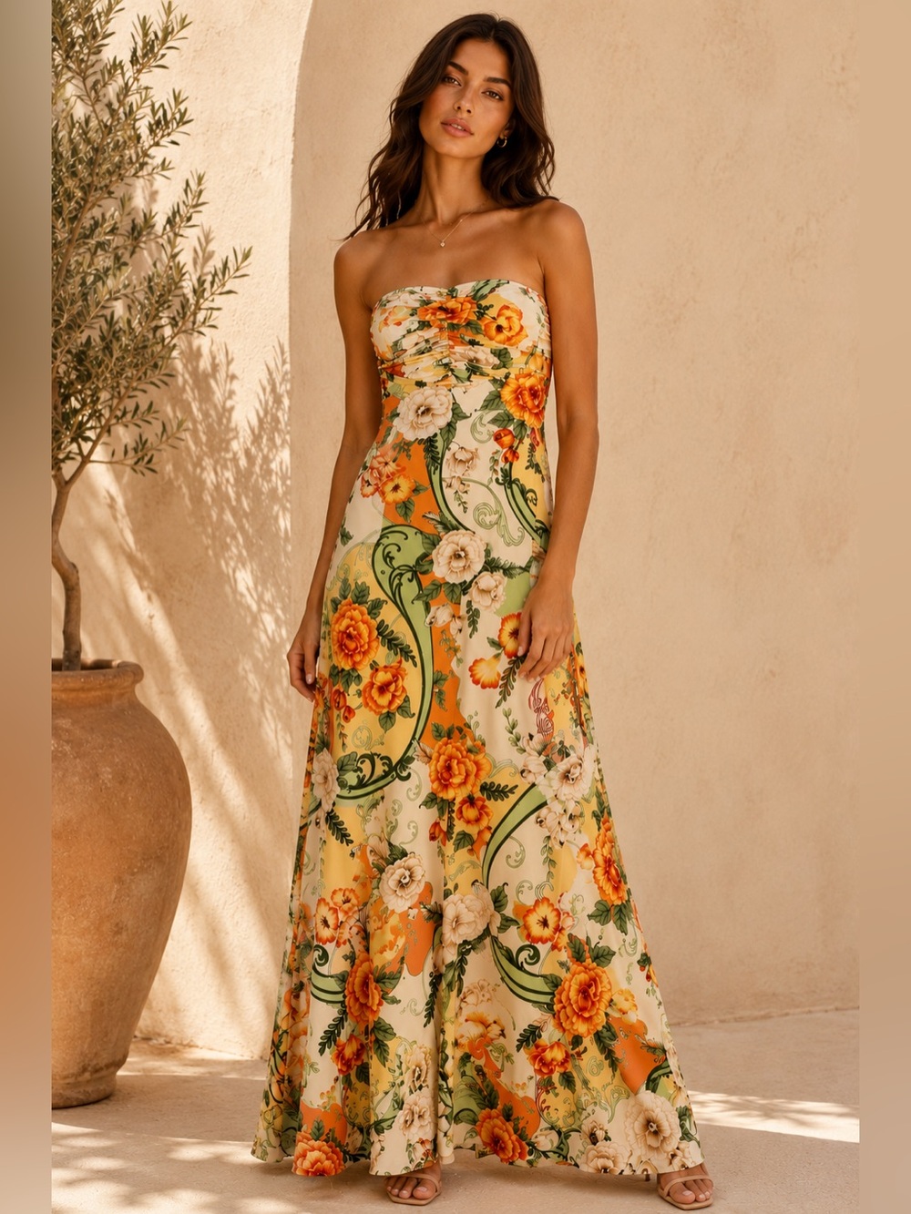 Agua Bendita Arista Strapless Floral Maxi Dress | Lace-Up Back Size M | NWOT